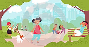 Kids park activities. Kid playground, play football and puppy outdoor. Cartoon children summer vacation, kindergarten on