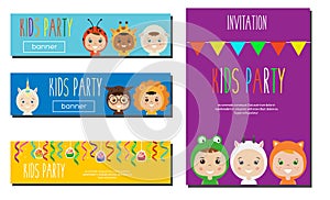 Kids Party Banners design template. Children in Animal Carnival Costumes. Party invitation mock up. Vector illustration
