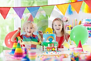 Kids party. Birthday cake with candles for child.