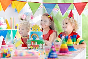 Kids party. Birthday cake with candles for child.