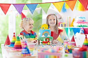 Kids party. Birthday cake with candles for child.