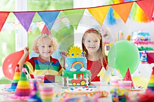 Kids party. Birthday cake with candles for child.