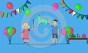 Kids party cartoon background with funny boy and girl celebrating birthday. flat vector illustration