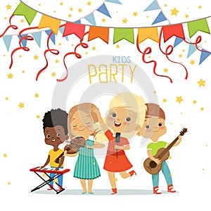 Kids party. children band playing on musical instruments. Vector little people