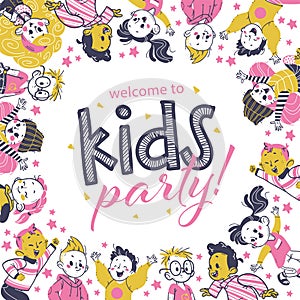 Kids party flayer template with happy little boys and girls characters.