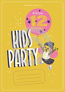 Kids party flayer template with happy little boys and girls characters.