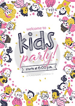 Kids party flayer template with happy little boys and girls characters.