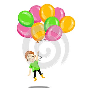 Kids Party Invitation Concept. Happy Young Smiling Boy With Multicolored Balloons Isolated On The White Background