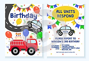 Kids party invitation with police and fire truck design