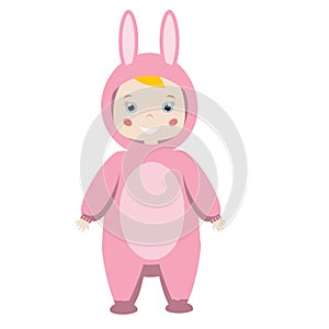 Kids Party Outfit. Cute smiling girl in Animal Carnival Costume. Pink bunny, rabbit, hare