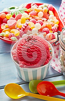 Kids party sweets, candy and berry ice-cream