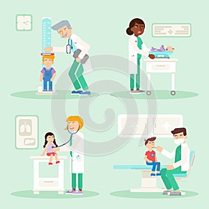 Kids in pediatrics office flat illustrations set