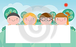 Kids peeping behind placard, Cute little children on background,Vector Illustration.