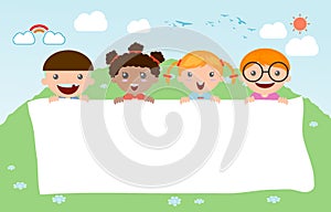 Kids peeping behind placard, happy children, Cute little kids on background