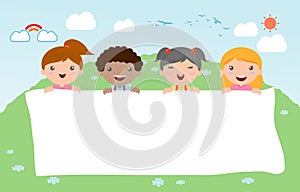 Kids peeping behind placard, happy children, Cute little kids on background