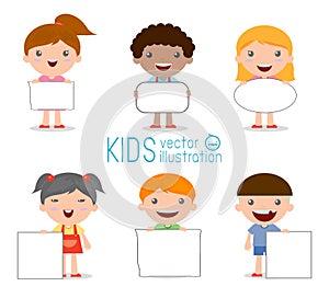 Kids peeping behind placard, happy children, Cute little kids on white background