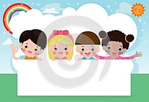 Kids peeping behind placard, happy children, Cute little kids on white background,Vector Illustration