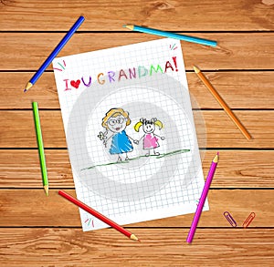 Kids pencil drawing illustration of grandmother and granddaughter together