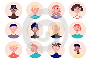 Kids people avatars isolated set. Diverse boys and girls with different looks