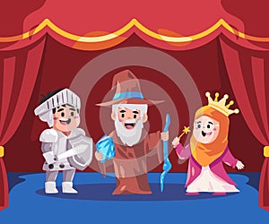 Kids perform theatre drama on stage with red curtain play role as knight warrior wizard and queen