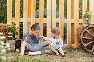 Kids on a picnic in nature have fun. Boys having fun together.