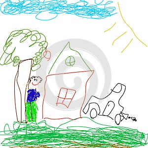 Kids picture with home, human, tree and car