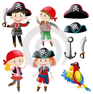 Kids in pirate costume and parrot pet