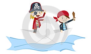 Kids pirate paper ship sailing in the sea  scull and cross bones