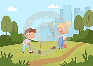 Kids planting background. Natural eco outdoor childrens weather protect environment gardening education vector