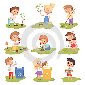 Kids planting. Happy children gardening digging picking plants eco weather protect tree vector set