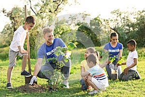 Kids planting trees with volunteers