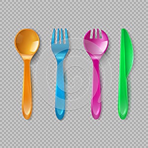 Kids plastic cutlery. Little spoon, fork and knife . Disposable dishware, toy kitchen dining tools vector set