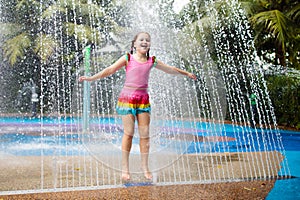 Kids play in aqua park. Children at water playground of tropical amusement park. Little girl at swimming pool. Child playing at