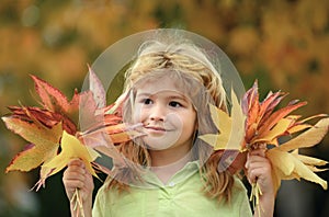 Kids play in autumn park. Autumn dream. Kid dreams on autumn nature. Childhood dream concept. Daydreamer child. Dreams photo