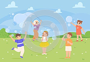 Kids play with bubbles outdoor. Spring summer time in park, happy children together blowing soap bubble. Toddlers