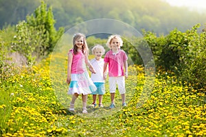 Kids play. Child in dandelion field. Summer flower