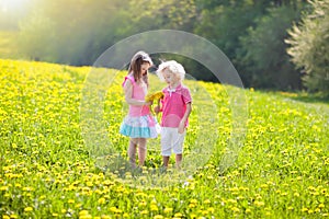 Kids play. Child in dandelion field. Summer flower