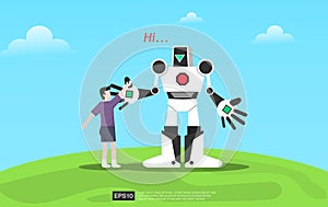 Kids play with modern robot design concept. Futuristic Artificial Intelligence Technology Concept Flat Vector Illustration.