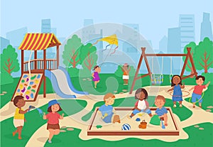 Kids play on playground in park. Summer activities. Multiculturalism and diversity. Vector cartoon illustration. Funny