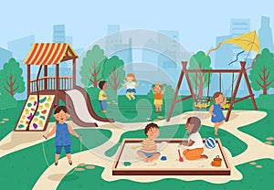 Kids play on playground in park. Summer activities. Multiculturalism and diversity. Vector cartoon illustration. Funny