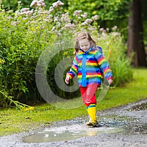 Kids play in rain and puddle in autumn