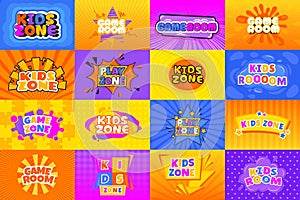 Kids play room banner. Cartoon colorful zone label with child playroom zone concept, childhood education concept. Vector
