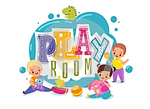 Kids play room. Playground cartoon logo. Children zone for games. Boys and girls with plush bunny or toy rocket. Toddler