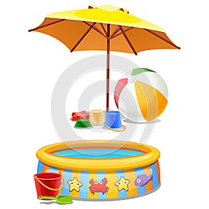 Kids play set under the sun or on the beach isolated on white background. Vector cartoon close-up illustration.