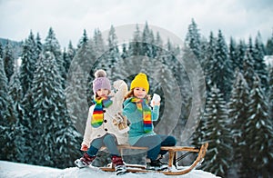 Kids play snowball, snow ball fight for children. Children son and daughter play in snow in winter. Outdoor kids fun for