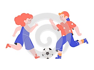 Kids play soccer. A boy and a girl kick a ball.