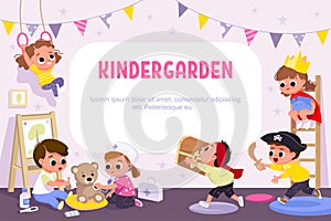 Kids play together in kindergarden. Kindergarden illustration vector