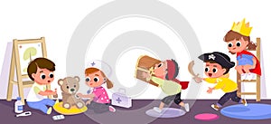 Kids play together in kindergarden. Kindergarden illustration vector