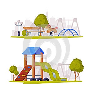 Kids Playground as Urban Summer Public Area for Playing Vector Illustration Set
