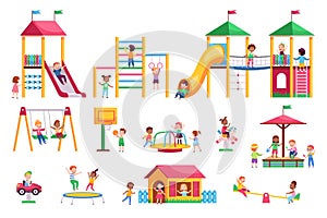 Kids playground. Children swing and slides garden, colorful bright rides, toddlers play in park, carousels and